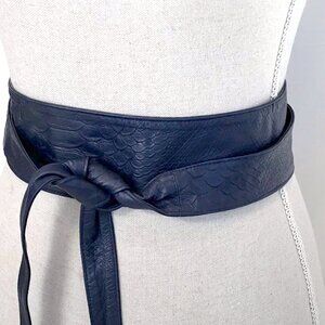 Navy Blue Obi, Leather Wrap Belt, Wide Versatile GILI Textured